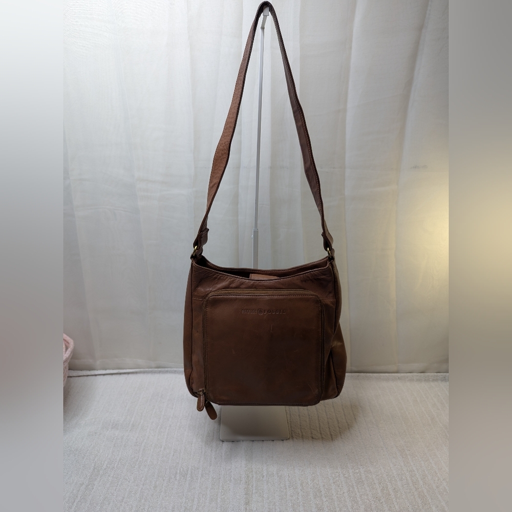 Fossil Purse Bag Brown Genuine Leather Shoulder Strap Zipper Pockets Boho